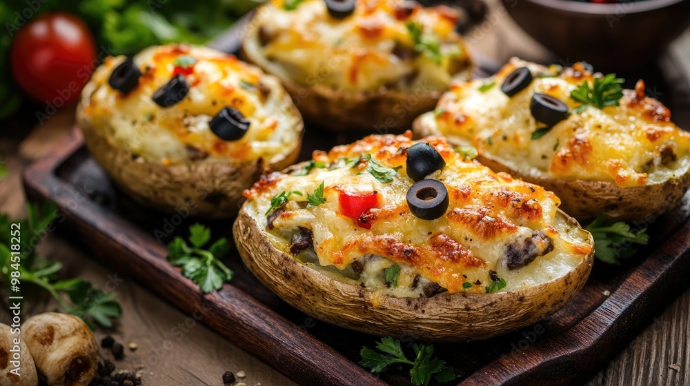 Oven Baked Potatoes Stuffed with Butter, Cheese, and Black Olives Oven Baked Potatoes Stuffed with Butter, Cheese, and Black Olives