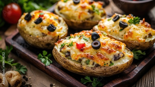 Oven Baked Potatoes Stuffed with Butter, Cheese, and Black Olives