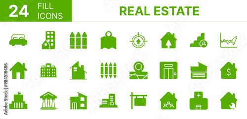 Collection of 24 real estate fill icons featuring editable strokes. These outline icons depict various modes of real estate, house, building icon, Building, property,