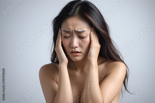 Woman suffering from stress, migraine or a headache grimacing in pain