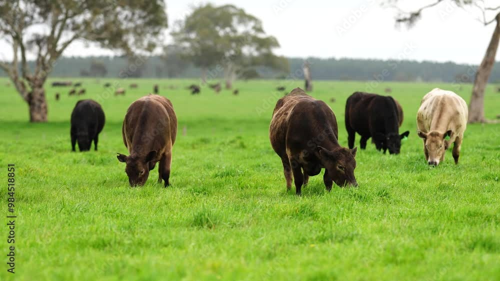 beautiful cattle in Australia eating grass, grazing on pasture. Herd of cows free range beef being regenerative raised on an agricultural farm. Sustainable farming beautiful cattle in Australia eating grass, grazing on pasture. Herd of cows free range beef being regenerative raised on an agricultural farm. Sustainable farming