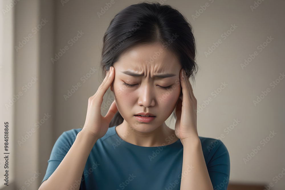 Woman suffering from stress, migraine or a headache grimacing in pain Woman suffering from stress, migraine or a headache grimacing in pain