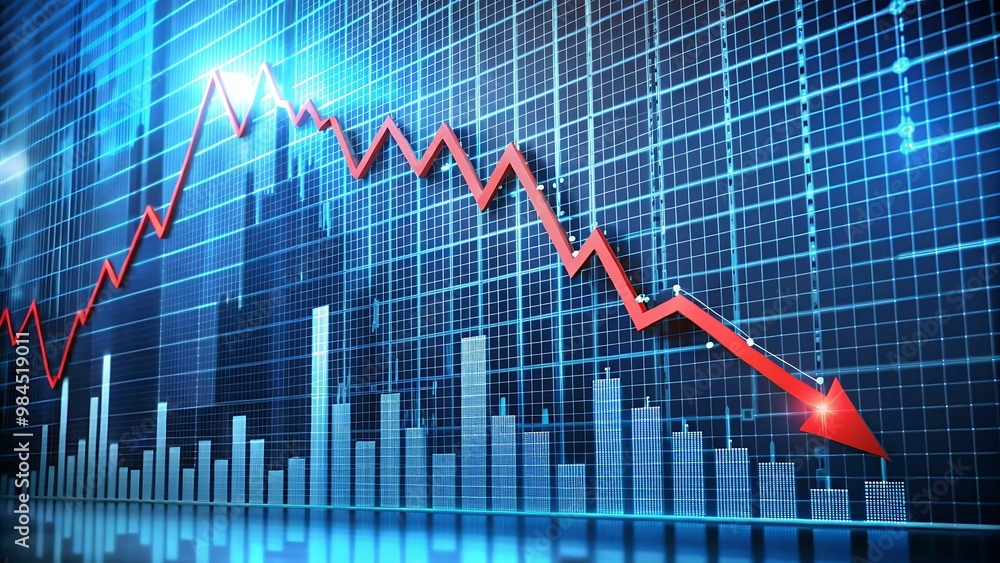 The image is a stock market chart showing a red arrow pointing down on ...