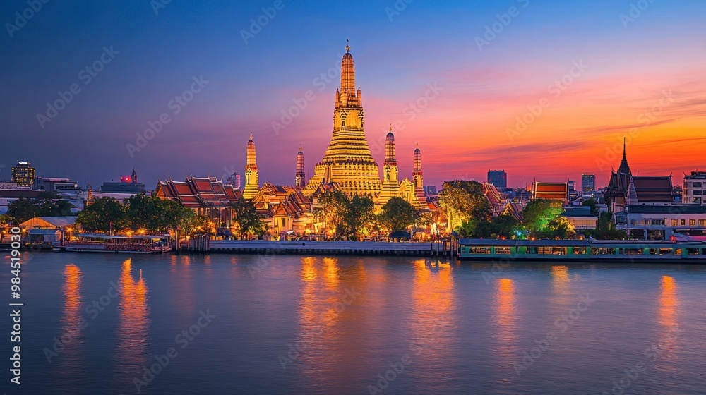 Wat Arun temple at sunset with its towering pagoda reflecting on the Chao Phraya River. Wat Arun temple at sunset with its towering pagoda reflecting on the Chao Phraya River.