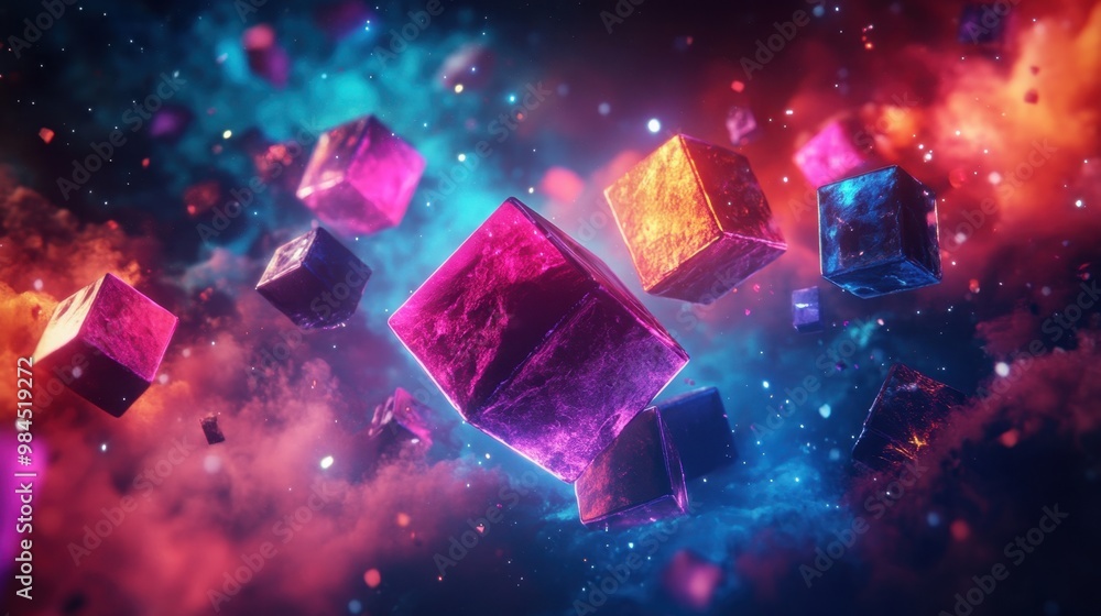 Colorful Abstract Cubes Floating in Cosmic Space Colorful Abstract Cubes Floating in Cosmic Space