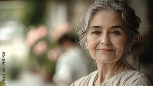 A middle-aged woman with gray hair smiles softly at the camera.