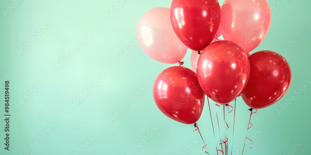 Red and pink balloons on a light green background, creating a cheerful birthday atmosphere. Red and pink balloons on a light green background, creating a cheerful birthday atmosphere.