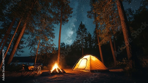 Fototapeta Naklejka Na Ścianę i Meble -  tent and campfire in the woods on a summer night with a stars in the sky
