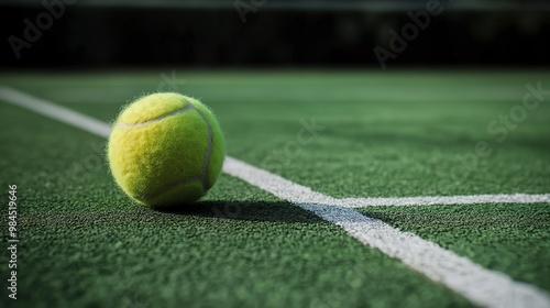 tennis ball on the green court with white lines