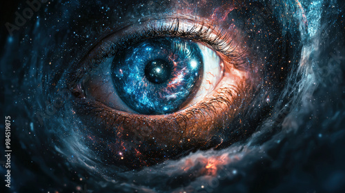 A vast cosmic eye reveals mysteries of universe, surrounded by swirling galaxies and vibrant colors. This captivating image evokes sense of wonder and exploration photo