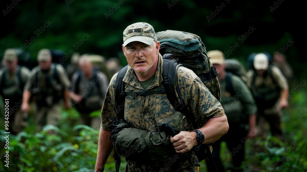 A group of individuals in military attire hiking through a forested area. A group of individuals in military attire hiking through a forested area.
