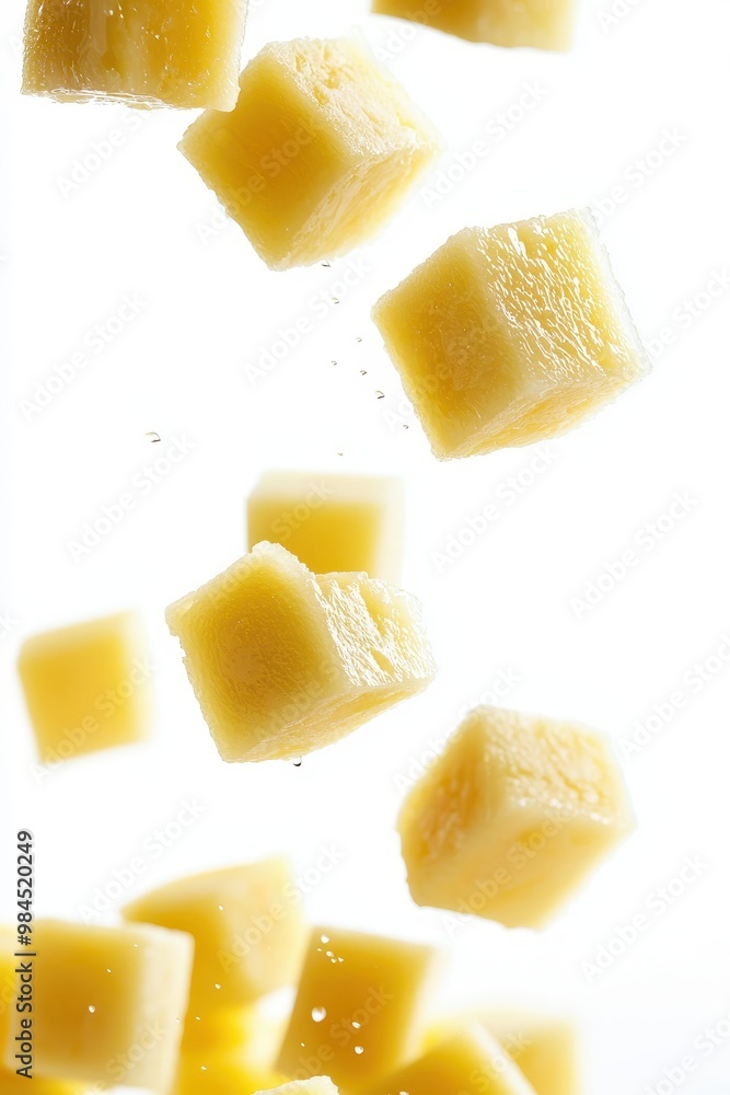 Cubes of fresh pineapple floating in mid-air isolated on a white background, vibrant yellow color. Cubes of fresh pineapple floating in mid-air isolated on a white background, vibrant yellow color.