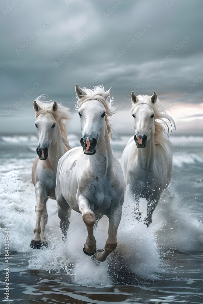 Obraz premium Majestic White Horses Galloping Through Ocean Waves Powerfully Dramatic Skies. AI Generated
