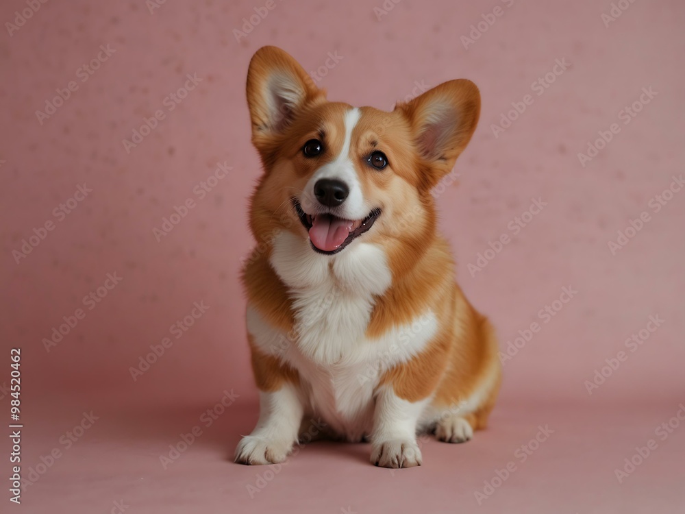 Happy Welsh Corgi holding a heart on a pink background, suitable for greeting cards. Happy Welsh Corgi holding a heart on a pink background, suitable for greeting cards.