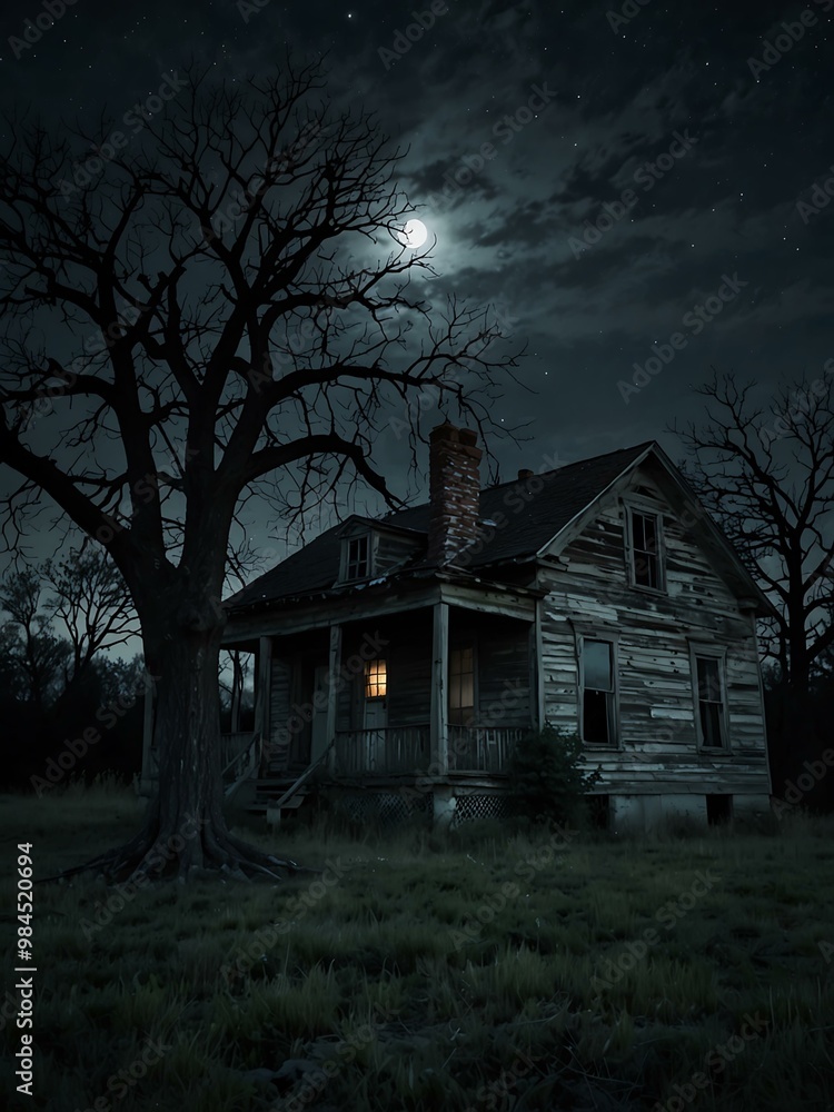 Haunting moonlit night at an abandoned house with eerie trees. Haunting moonlit night at an abandoned house with eerie trees.
