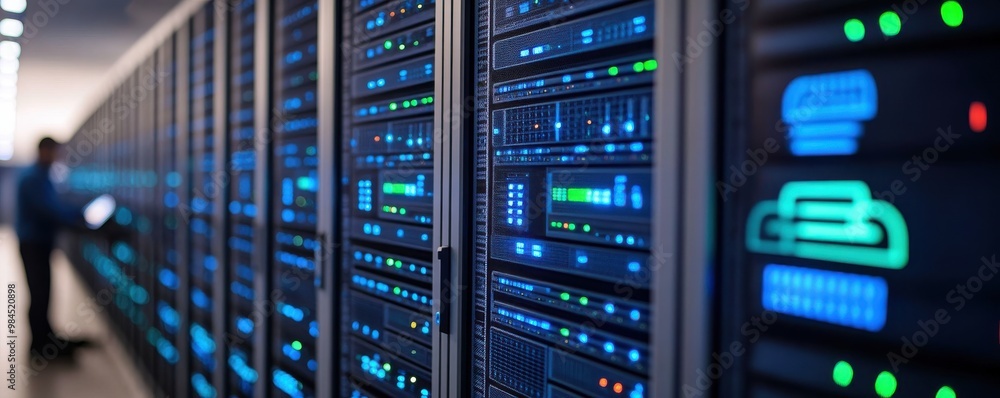 A close-up view of a data center showcasing advanced server technology with illuminated panels and data cables. A close-up view of a data center showcasing advanced server technology with illuminated panels and data cables.