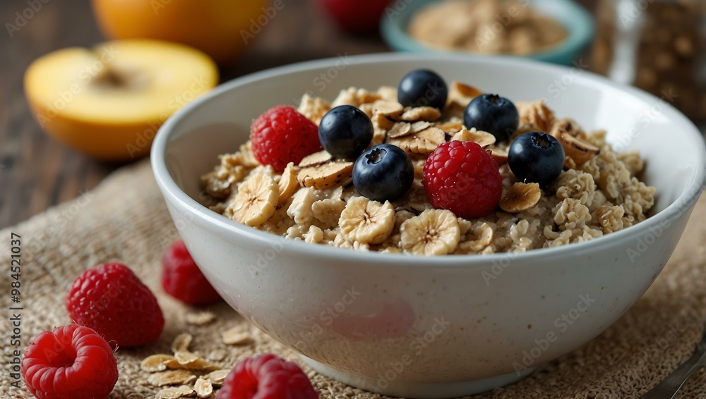 Healthy breakfast with oatmeal and fruit, promoting weight loss. Healthy breakfast with oatmeal and fruit, promoting weight loss.