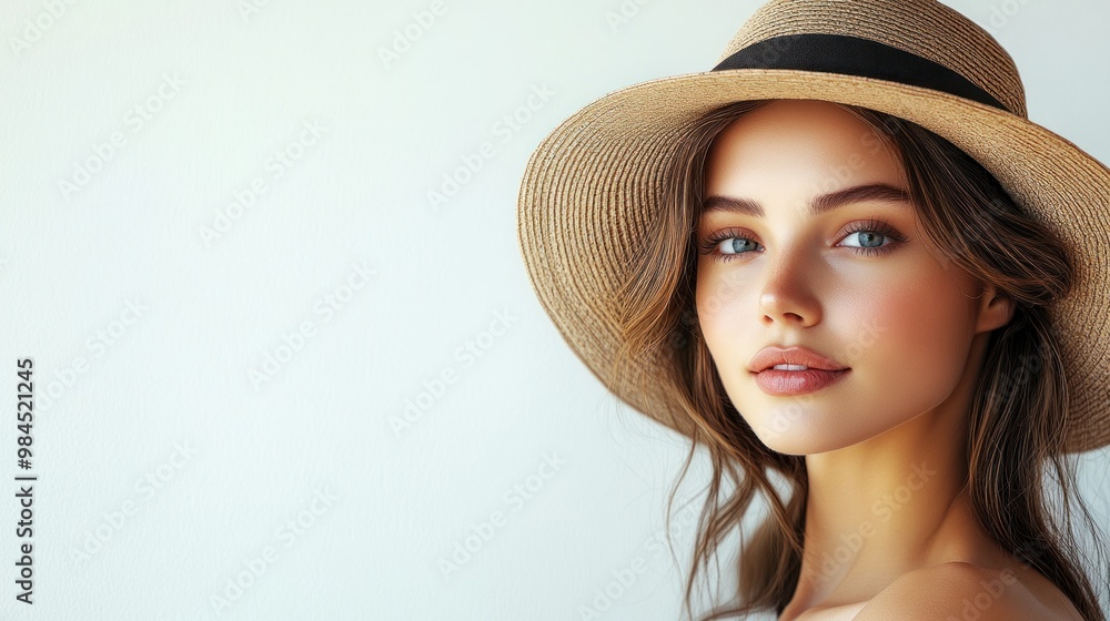 A beautiful young woman smiles softly, wearing a stylish straw hat with sunlit elegance A beautiful young woman smiles softly, wearing a stylish straw hat with sunlit elegance