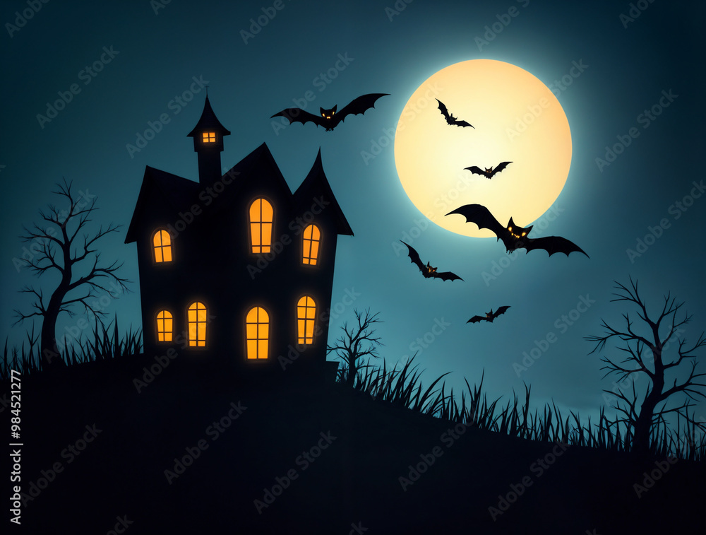 Fototapeta premium Casa infestata su collina con pipistrelli e luna piena – Illustrazione di Halloween spettrale