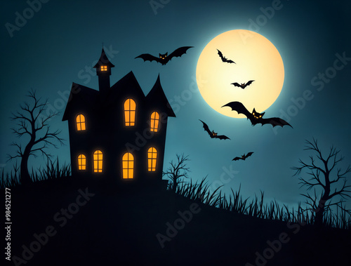 Casa infestata su collina con pipistrelli e luna piena – Illustrazione di Halloween spettrale photo