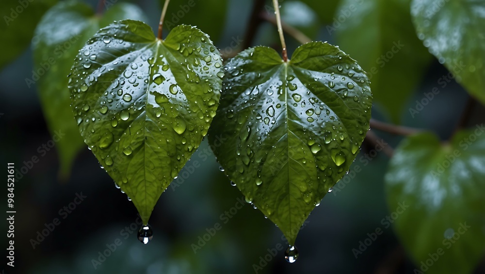 Heart-shaped leaves with water droplets and abstract symbols. Heart-shaped leaves with water droplets and abstract symbols.