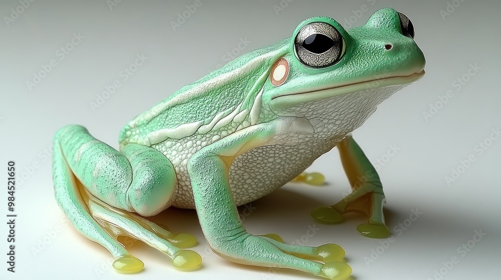 Fototapeta premium A lively green frog rests calmly, its detailed patterns highlighted by gentle lighting