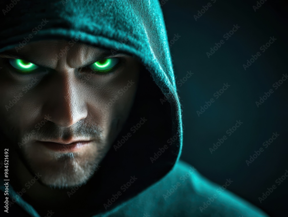 A mysterious figure in a dark hood with glowing green eyes, evoking intrigue and suspense in a dramatic atmosphere. A mysterious figure in a dark hood with glowing green eyes, evoking intrigue and suspense in a dramatic atmosphere.