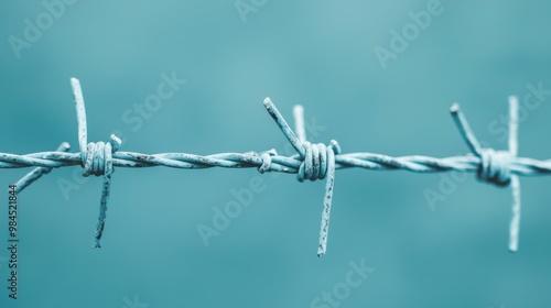 Barbed wire against a blurred turquoise background, abstract and striking. photo