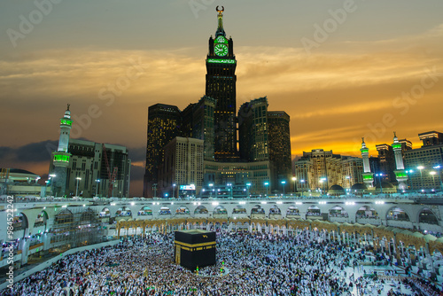 Wallpaper Mural ZamZam tower, view of Muslims for prayer and towaf around kabah in Macca Saudi-27-4-2018,makkah sunset background. Torontodigital.ca
