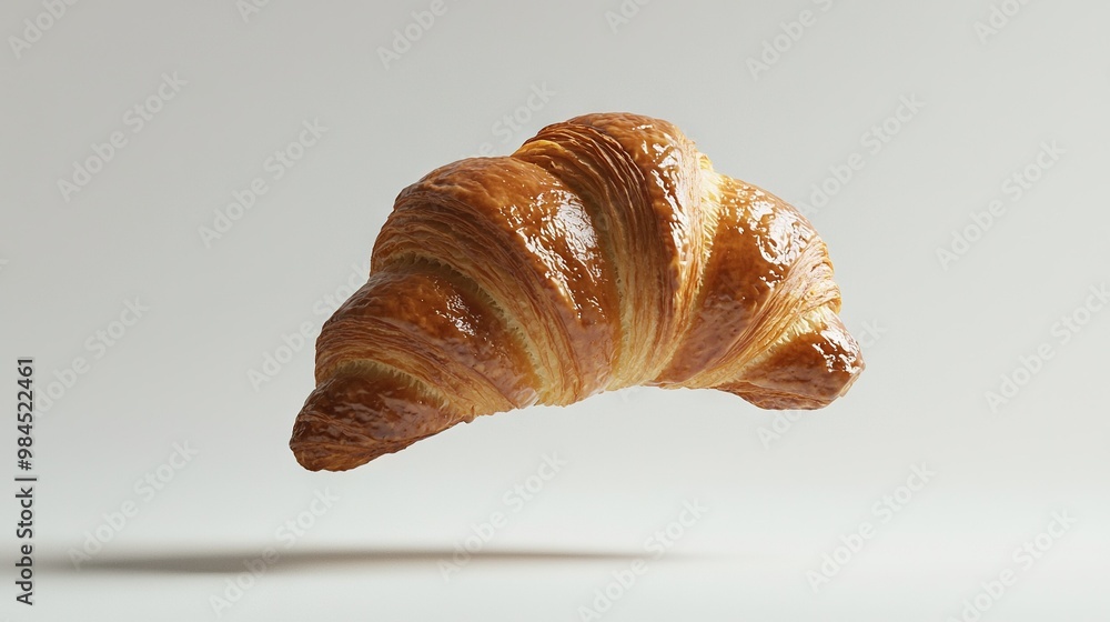 A croissant with a bite taken out flying on a light gray background A croissant with a bite taken out flying on a light gray background