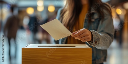Person casting ballot in wooden box at public location. Democracy in action. AI generation.