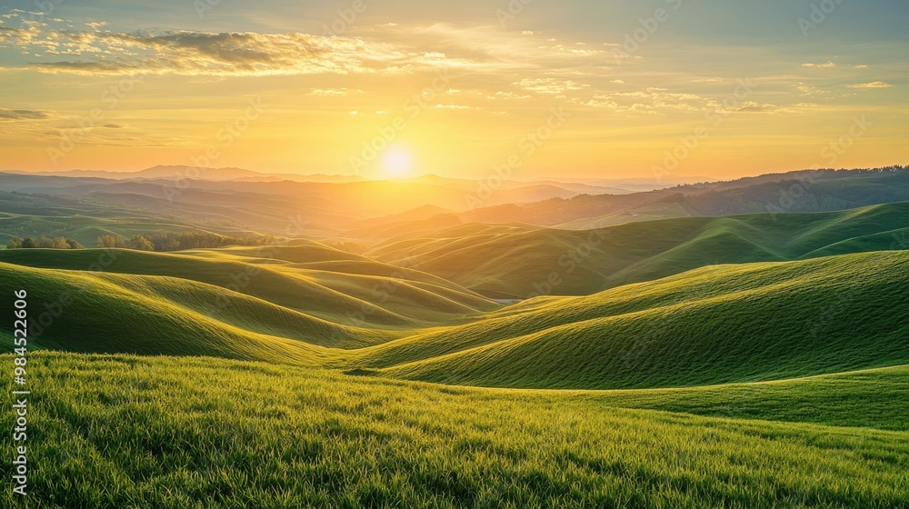 Fototapeta premium A beautiful, sunlit landscape with rolling hills and a clear blue sky