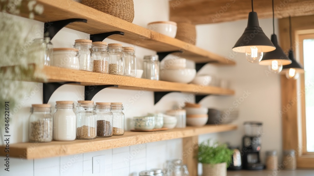 A cozy kitchen showcasing neatly arranged jars and wooden shelves, ideal for minimalist and modern decor inspiration. A cozy kitchen showcasing neatly arranged jars and wooden shelves, ideal for minimalist and modern decor inspiration.