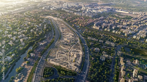 Detailed aerial view of a city expansion project, showing newly paved roads and infrastructure being developed alongside existing city sections