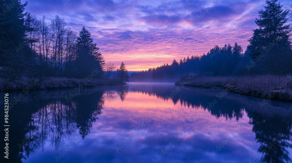 Fototapeta premium Twilight Serenity by the River, a tranquil scene showcasing a river mirroring the calming hues of dusk, inviting reflection and peace in nature's embrace.