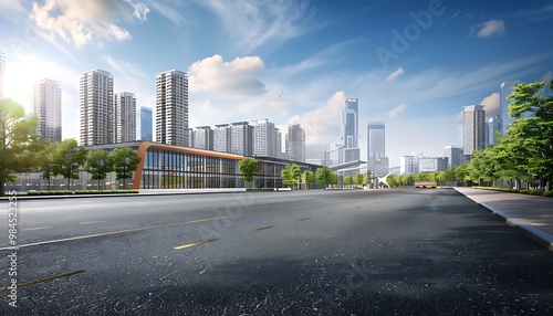 Asphalt road and modern city skyline