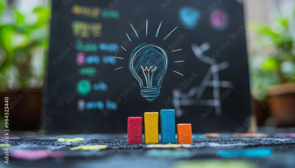 The image features colorful bar graphs in front of a chalkboard, illustrating insights on data and creativity, highlighted by a drawn light bulb.