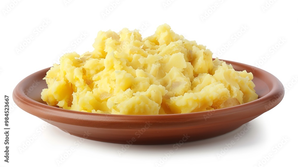 Isolated on a white backdrop, mashed potatoes on a dish, Generative AI. Isolated on a white backdrop, mashed potatoes on a dish, Generative AI.