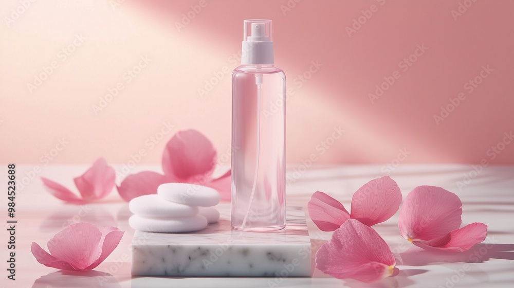 A refreshing beauty mist bottle surrounded by soft petals and soap on a marble surface against a pastel background. A refreshing beauty mist bottle surrounded by soft petals and soap on a marble surface against a pastel background.