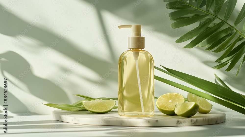 A refreshing bottle of yellow liquid with lime slices and green leaves, perfect for wellness and skincare themes. A refreshing bottle of yellow liquid with lime slices and green leaves, perfect for wellness and skincare themes.