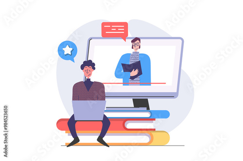 Back to school concept in modern flat design for web. Student learning online and watching video lessons, training distantly at laptop, studying at e-learning programs or courses. Illustration. photo