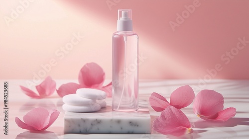 A refreshing beauty mist bottle surrounded by soft petals and soap on a marble surface against a pastel background.