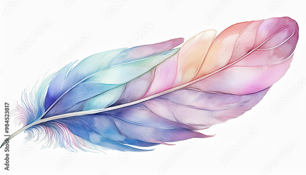 Fototapeta premium Watercolor painting of soft pastel colored feather isolated on white background. Hand drawn