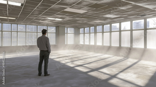 Businessman standing alone in an empty office, reflecting on closure, void of furniture, sunlight streaming through windows, capturing poignant moment of transition and loss