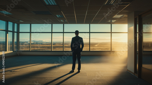 Businessman standing alone in an empty office, reflecting on closure, void of furniture, sunlight streaming through windows, capturing poignant moment of transition and loss