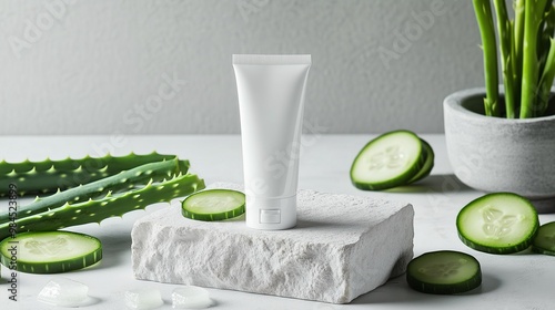 A serene scene featuring a skincare product surrounded by fresh cucumber slices and aloe vera, perfect for wellness and beauty themes.
