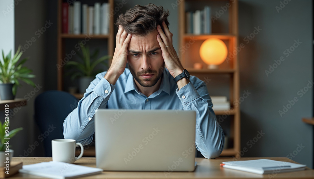 Serious frustrated businessman touching head with hand looking at laptop pc sitting at desk in home office. Puzzled freelance employee feeling tired exhausted, chronic work stress, having headache Serious frustrated businessman touching head with hand looking at laptop pc sitting at desk in home office. Puzzled freelance employee feeling tired exhausted, chronic work stress, having headache