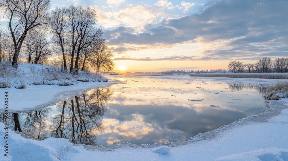 Winter Serenity at the Riverside, a peaceful landscape showcasing stillness in frozen waters, gentle snow-covered banks, and tranquil reflections under a clear blue sky Winter Serenity at the Riverside, a peaceful landscape showcasing stillness in frozen waters, gentle snow-covered banks, and tranquil reflections under a clear blue sky