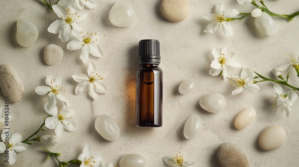 A tranquil arrangement of an essential oil bottle surrounded by white flowers and smooth stones, perfect for wellness and relaxation themes. A tranquil arrangement of an essential oil bottle surrounded by white flowers and smooth stones, perfect for wellness and relaxation themes.