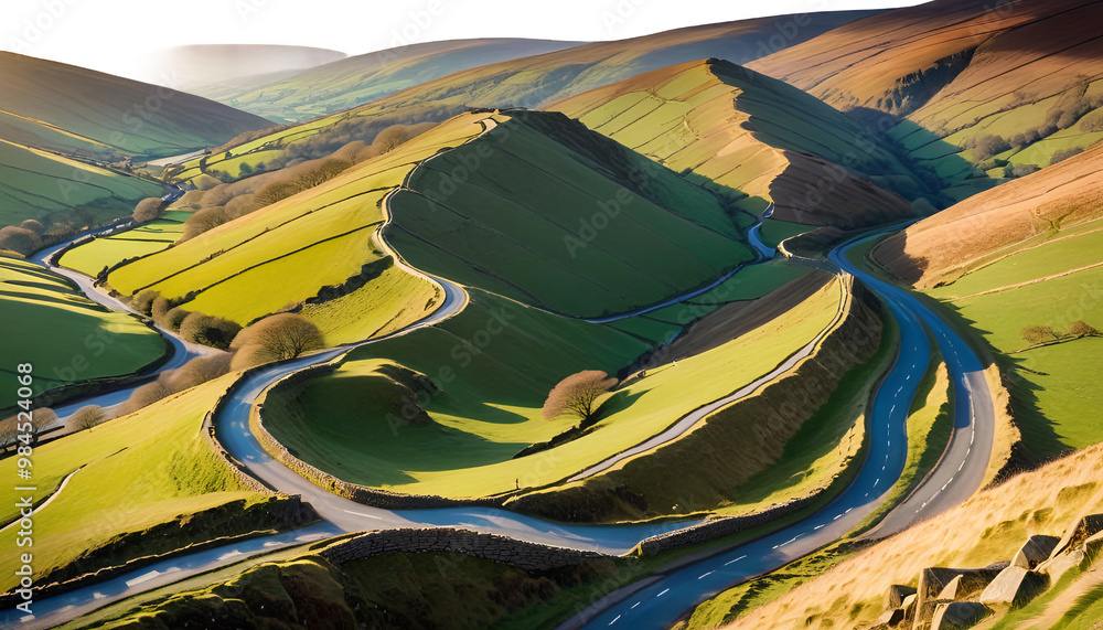 edale country valley winding district leading beautiful english road shining light peak golden road winding landscape rural country sky nature travel path hill green curve scene vale road summer